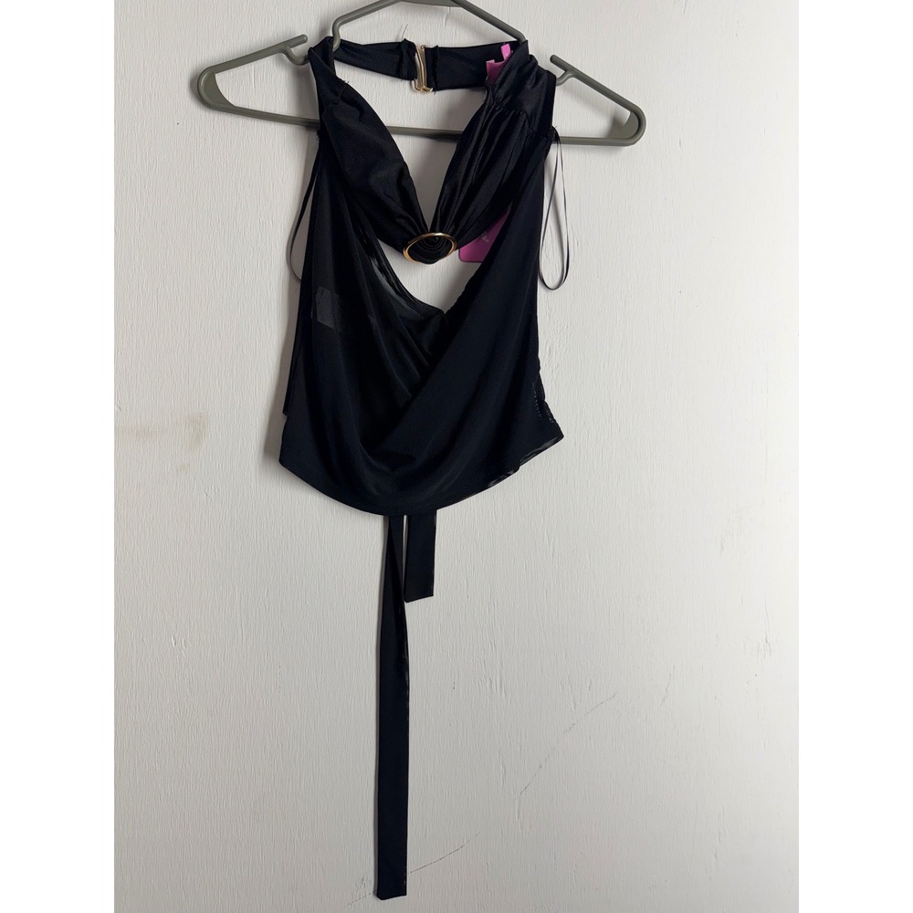 Edikted Black Mesh Halter Top Cowl Neck Ring Detail Tie Back Crop XS S20431